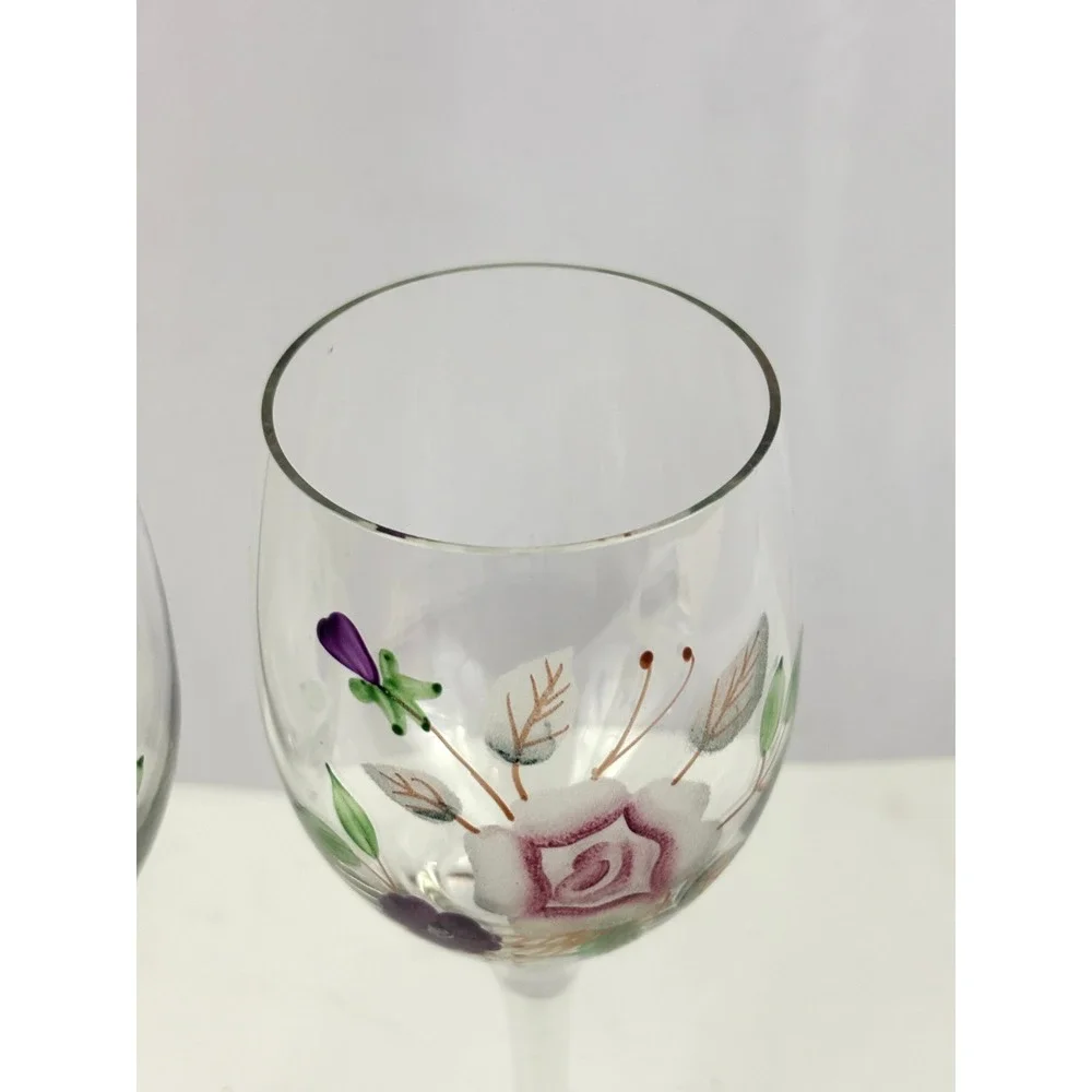 Vintage‎ Hand Painted Floral Wine Glasses Set of 2 Purple Green Enamel Stemware
